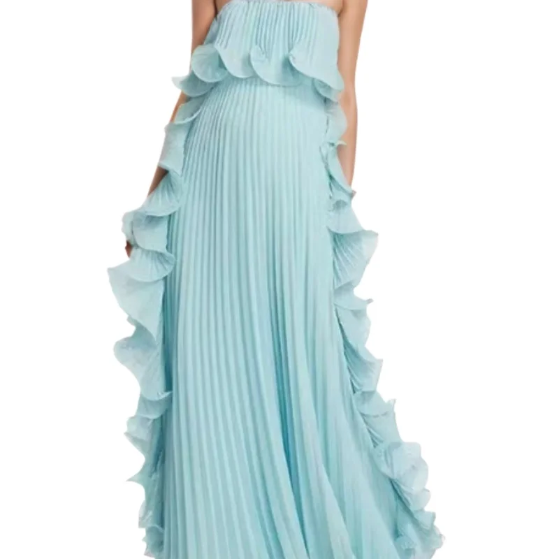 

Elegant Strapless Ruffles Pleated Long Chiffon Dress
