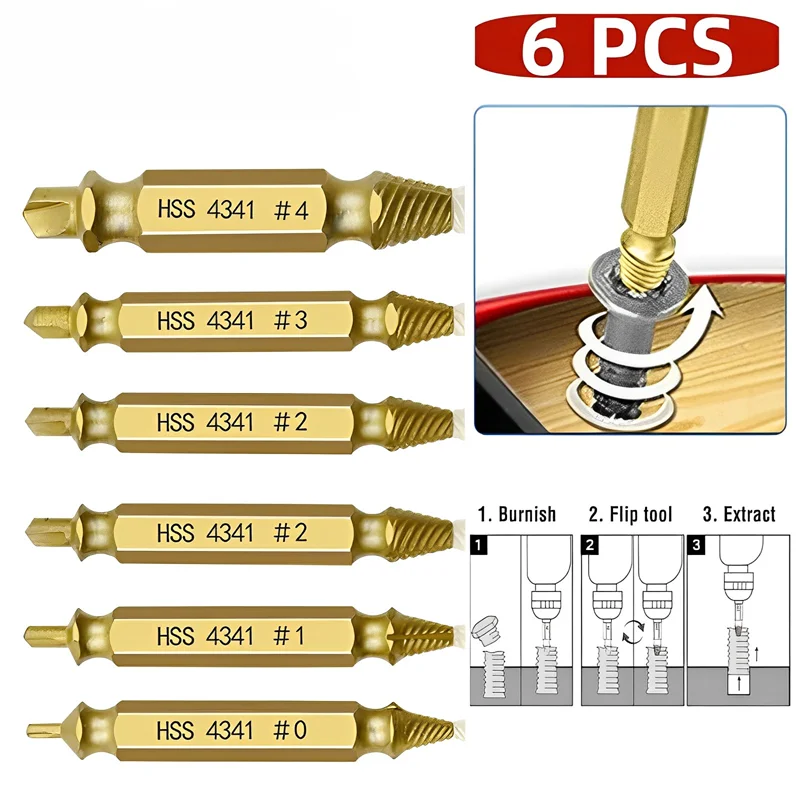 

6PCS Damaged Screw Extractor Drill Set Titanium Double Side Stripped Broken Screw for Woodworking Bolt Easily Remover Tools
