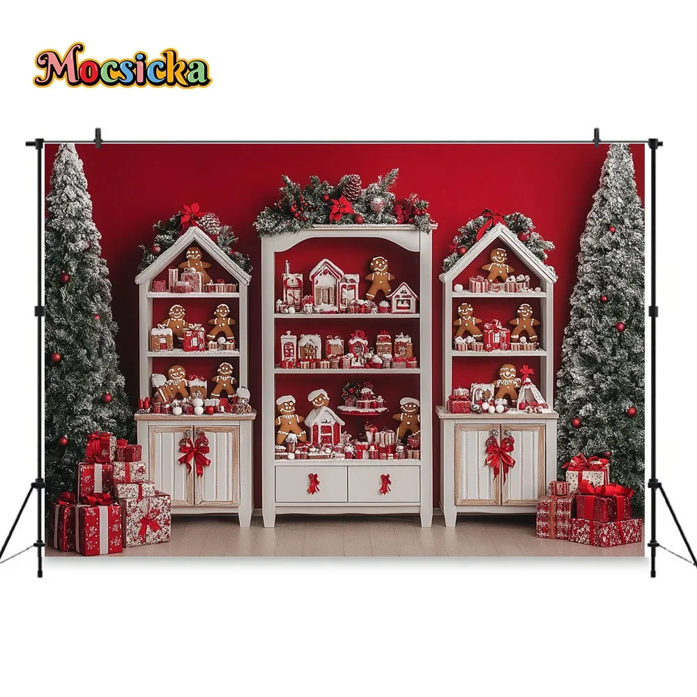 Red Christmas Kitchen Background Photography Santa Candy Bar Cabinet Gingerbread Man Cookies Xmas Tree Backdrop Kids Photo Decor