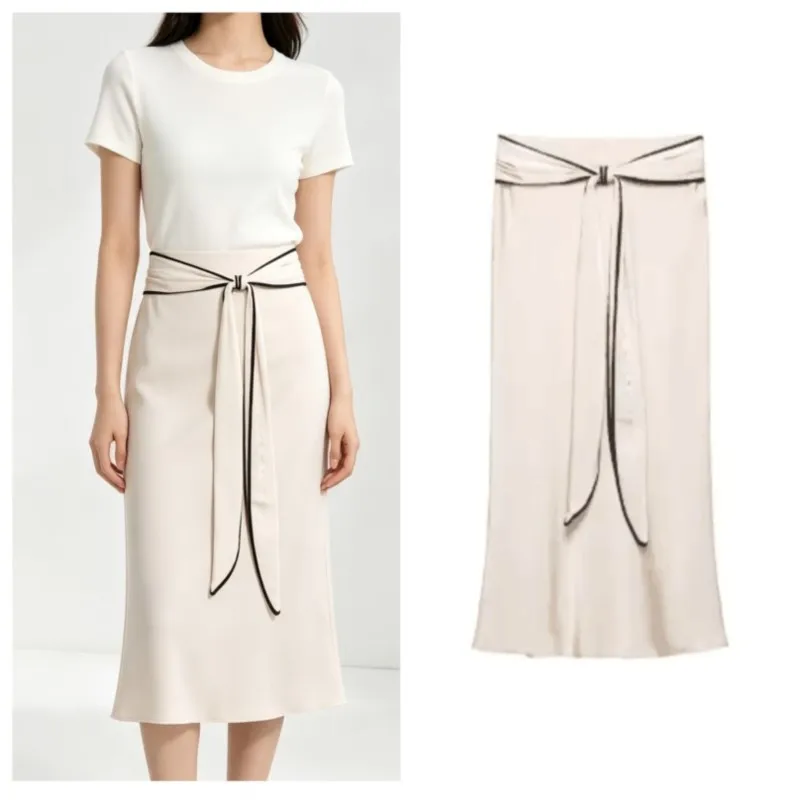 HipSeam Women's Satin Midi Knot Skirts New 2026 Autumn Elastic Waist Midi Skirt with Contrast Trims Elegant Female Skirts