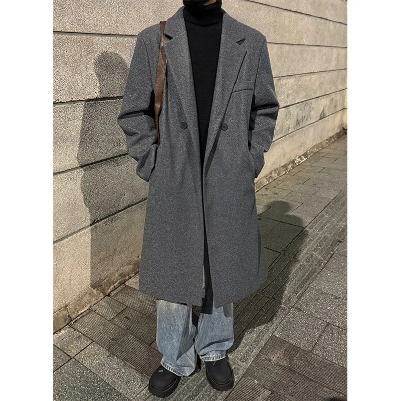

American Cleanfit Thiened Long Men's Woolen Suit Coat Autumn Winter Youth Faion Casual Single Button Pure Color Coat