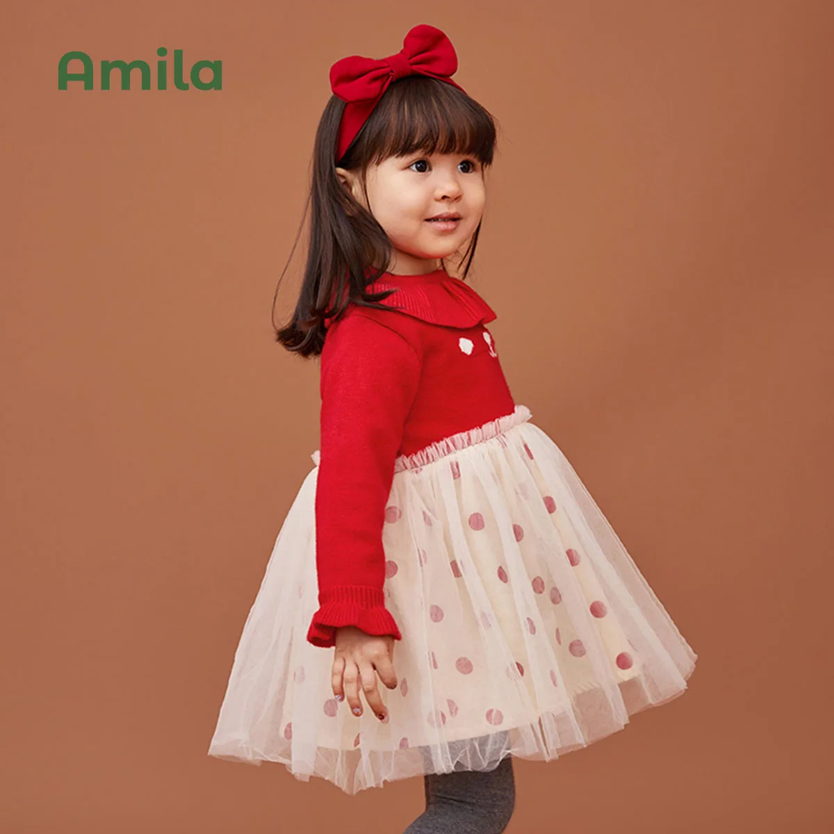 Amila Children's Clothing Girls 2024 New Spring&Autumn Cute Red and White Cotton DressChildren's  Girls Baby Dresse