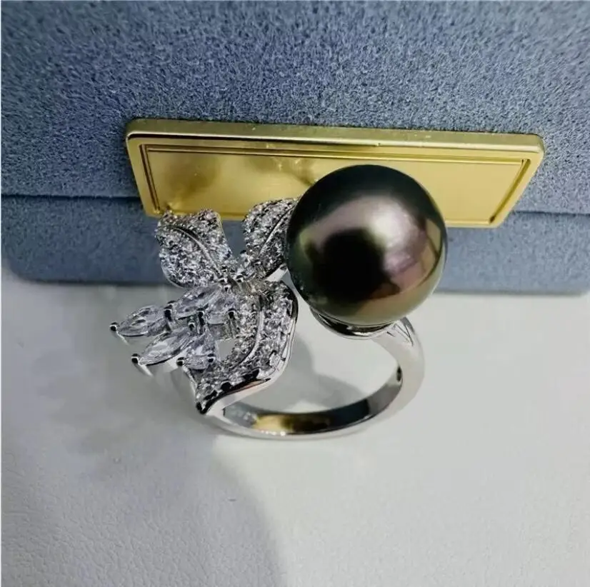 

gorgeous 10-11mm tahitian round black green pearl ring 925s