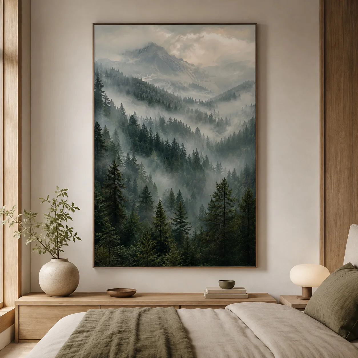 Misty Mountain Forest Canvas Print, Nordic Landscape Wall Art Poster