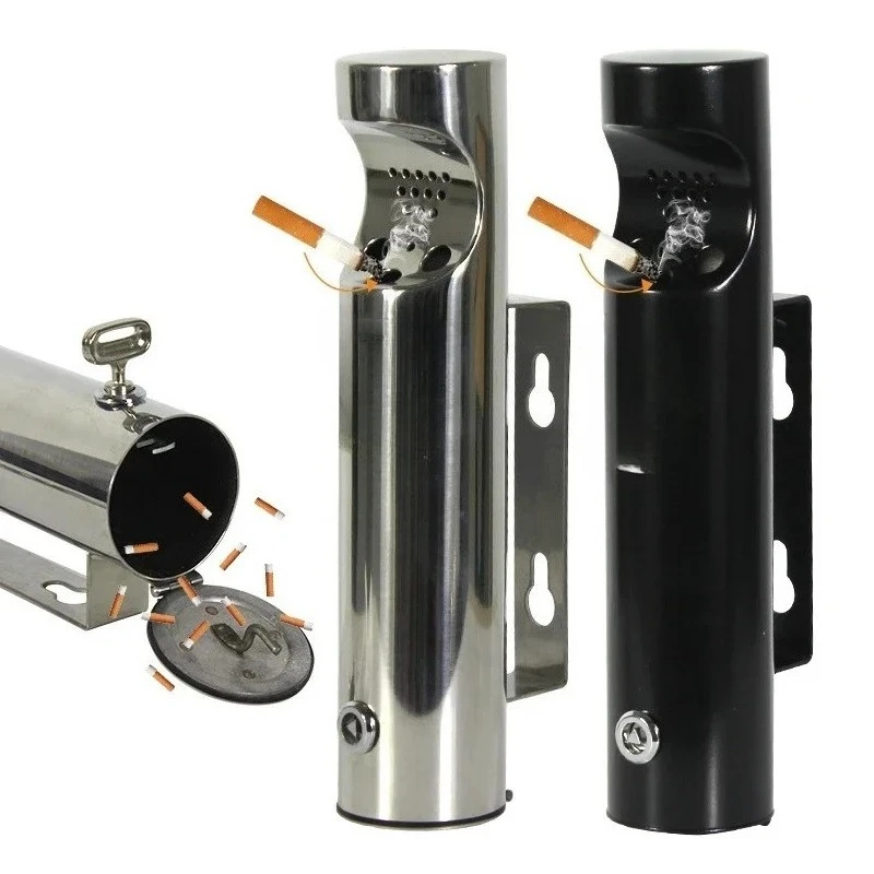 Model C Silver Wall Mounted Stainless Steel Ashtray, 46x7.5cm Lockable Cylinder Cigarette Ash Bin