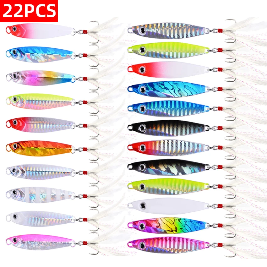 22pcs Micro Metal Cast Jig Spoon Lure Artificial Bait Shore Slow Jigging Fishing Lures with Feather Hook Fishing Accessories