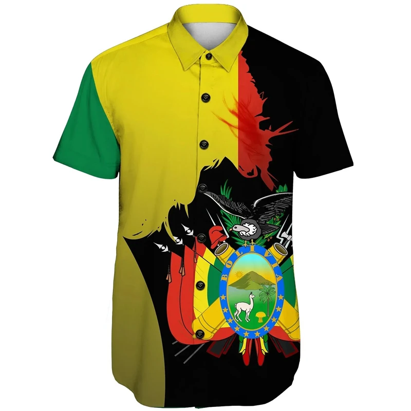 

Bolivia Flag Map Graphic Shirts For Men Clothes Casual Hawaii Short Sleeve Shirt Bolivian National Emblem Lapel Blouse Male Tops