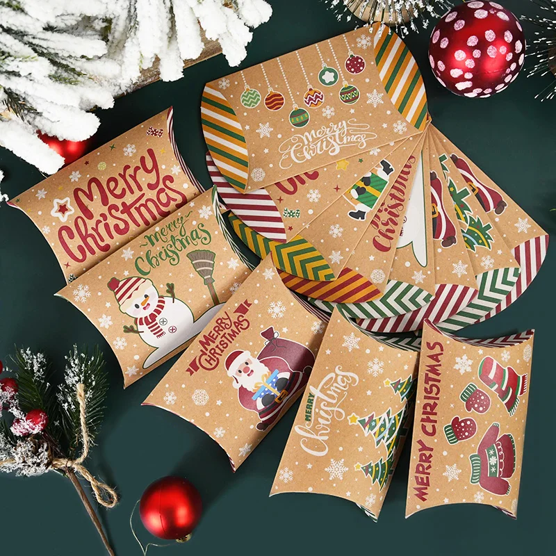 10 Stück Weihnachtskissen-förmige Geschenkboxen, niedlich mit Weihnachtsmann-/Weihnachtsbaum-/Schneemann- und Frohe Weihnachtsdrucken für Weihnachts-Leckerli-Verpackungen