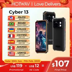 HOTWAV 사이버 13 러기드 휴대폰, 150LM 손전등, 8GB 128GB 스마트폰, 6.6 인치 HD + 10800mAh, 64MP, 안드로이드 14 휴대폰, 월드 프리미어