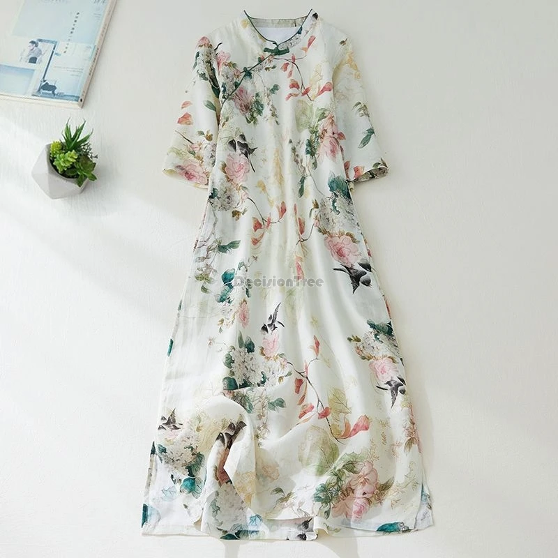 

2025 new chinese cotton linen half sleeve stand collar flower printed cheongsam dress loose retro style women daily long qipao