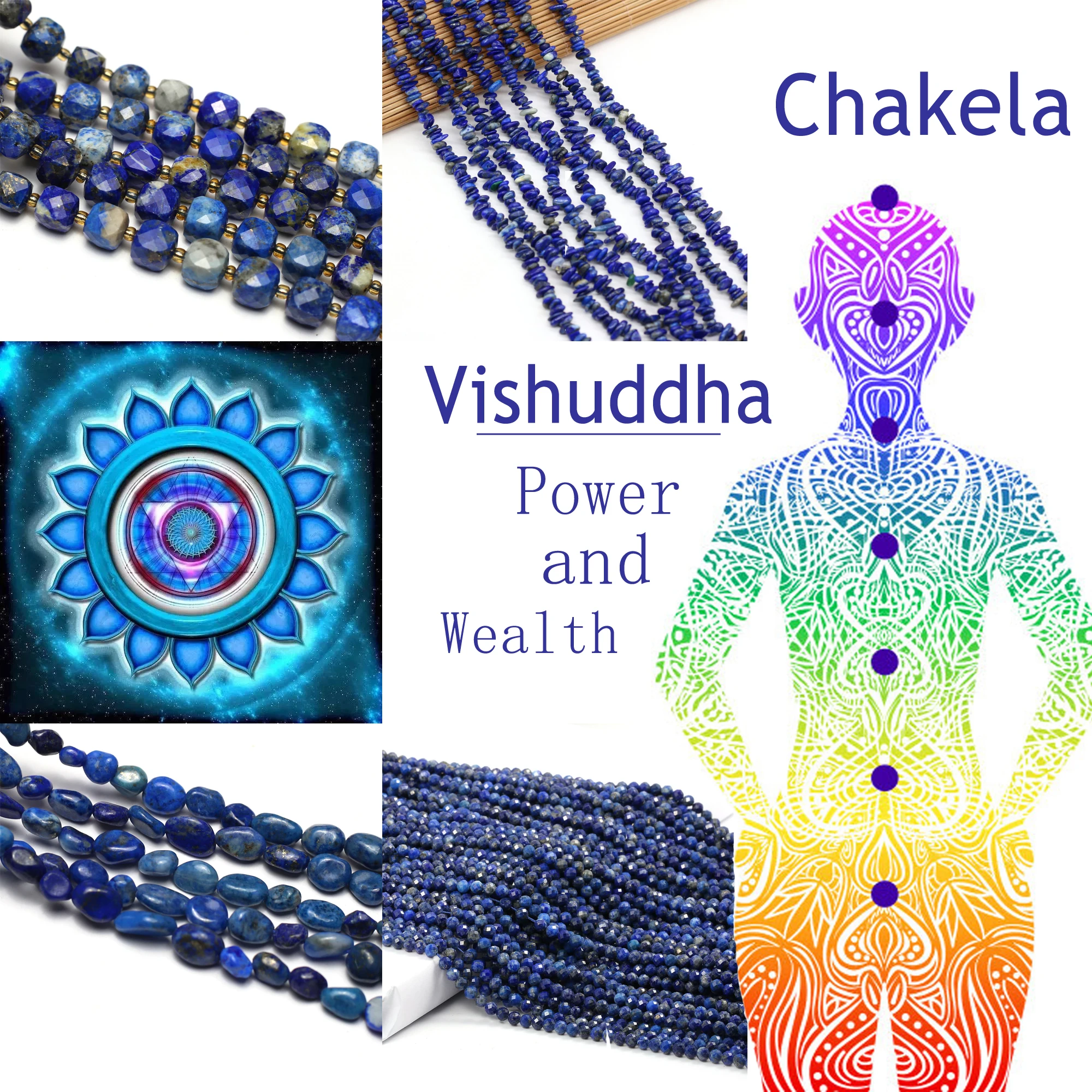 Vishuddha Чакры Права и богатство Натуральный лазурит Камень Изготовление ювелирных изделий из бисера DIY Ожерелье Браслет Аксессуары Подарки