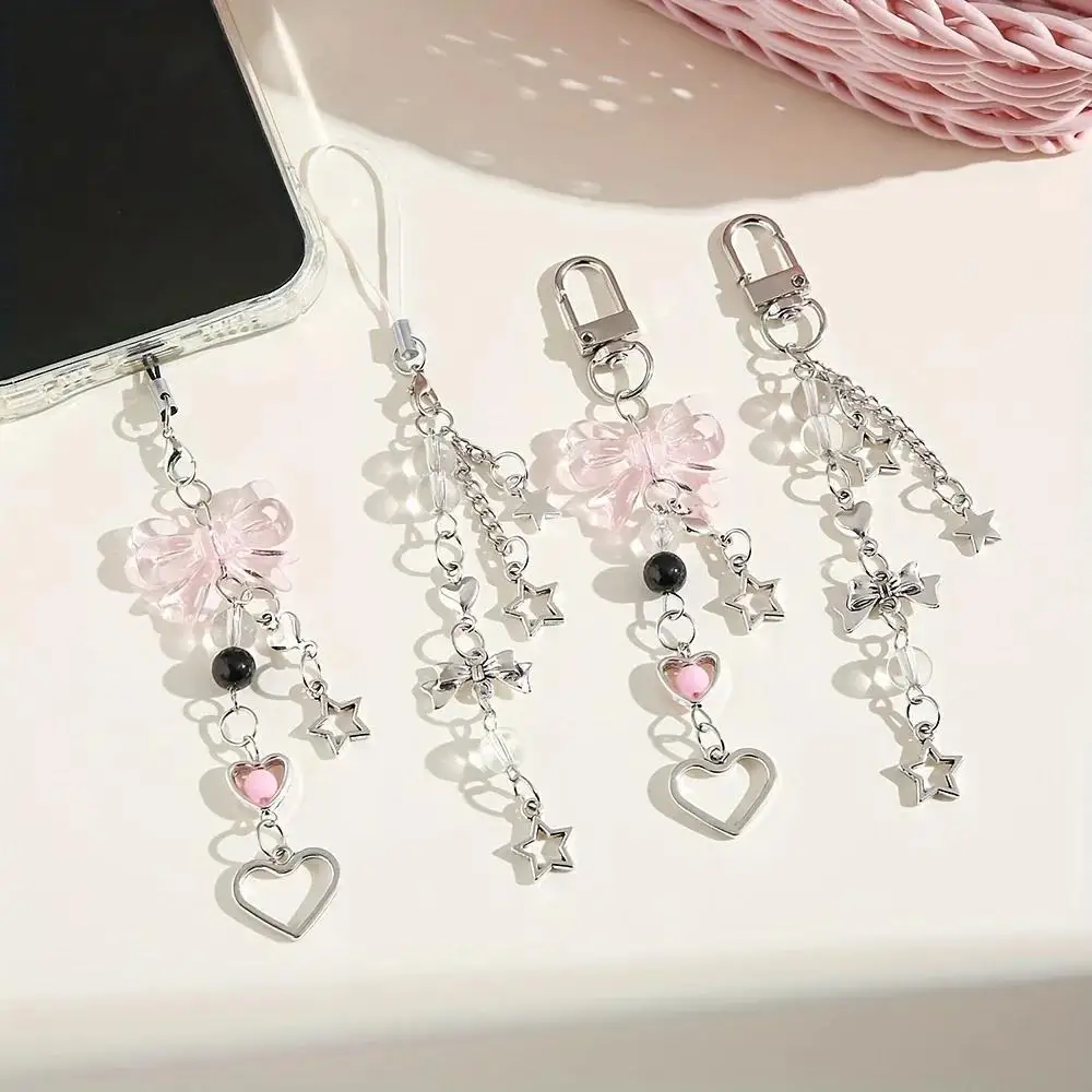 

1pcs Fashion Love Pink Bead Bow Lanyard Door Buckle Mobile Phone Strap Dym Chain Pendant Key Chain Five-Pointed Star Key Chain