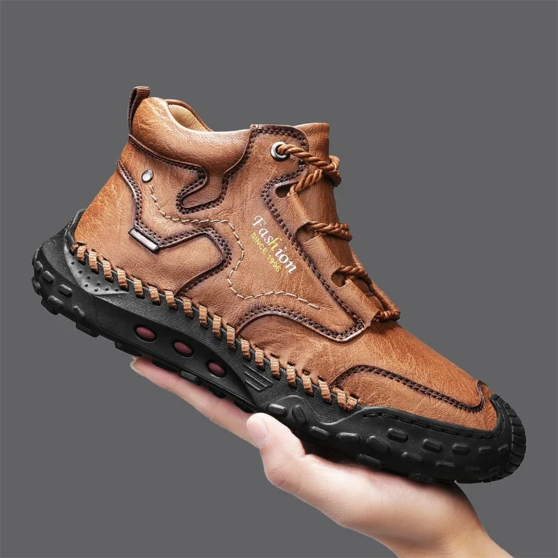 Microfiber Leather Men Boots Outdoor Sports Non-slip High-top Hiking Shoes for Men Optional Plush Winter Ankle Boots Big Size