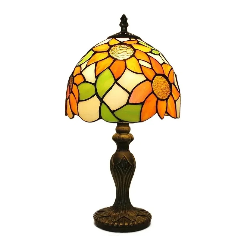 8inch Retro Classical Stained Glass Sunflower Lampshade American Night Light Church Home Bedroom Bedside Tiffany Art Table Lamp