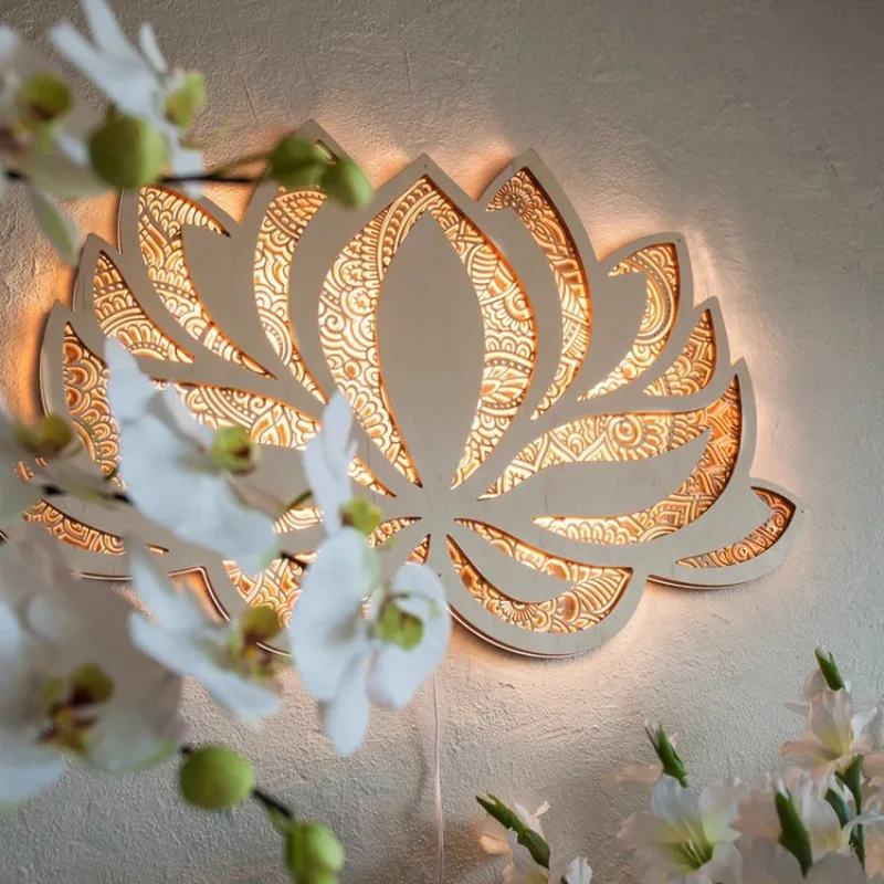 Creative Wall Accents Wooden Stereoscopic Flowers Wall Accents Yoga Studio Aesthetic Night Light Home Decoration Accessories