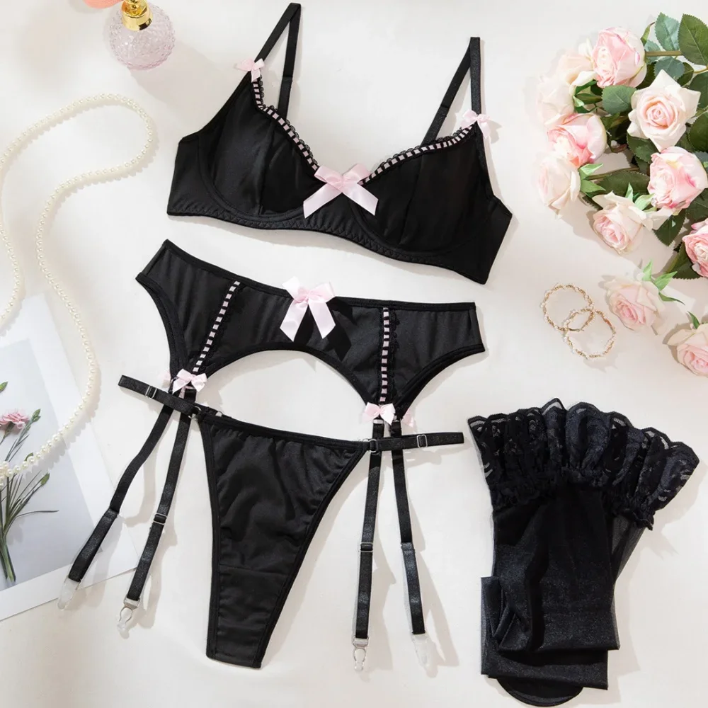 

Krasapt Sexy Bows Patchwork Lingerie 4Pcs Sets Ultrathin Comfortable Intimate Bras And Panties Suits With Stockings Erotic Set