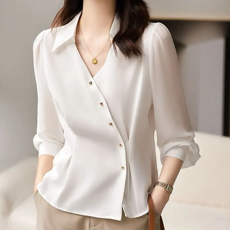 Korean Slim Stylish Folds Waist Shirt Elegant Half Open Collar Women's Clothing Single-breasted Spring Summer Long Sleeve Blouse