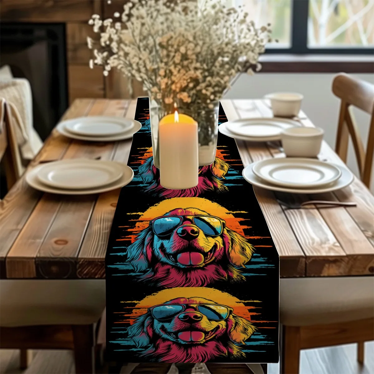 decor table runner Retro Golden Retriever Dog Summer Vibes Table Flag for wedding,Restaurant,Holiday Gathering New Year,Birthday