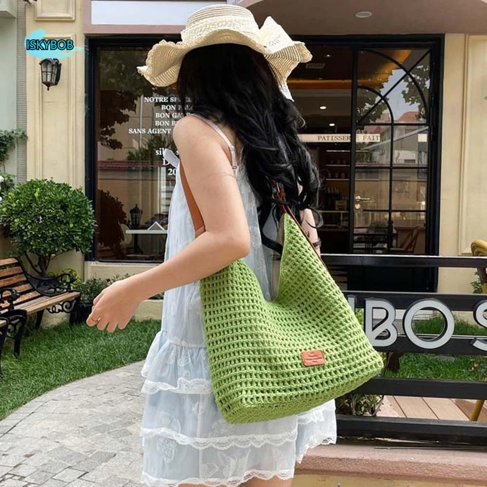

Casual Crochet Tote Bag Magnetic Button Korean Style Hollow Woven Bag Polyester Lightweight Knitting Handbag Vacation
