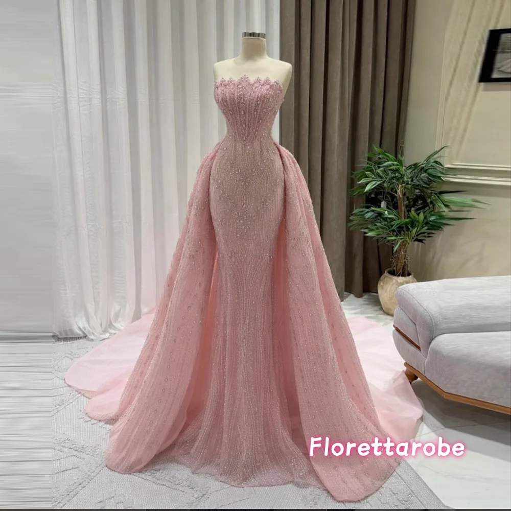 Moderne rosa trägerlose Ballkleider mit Überrock, maßgeschneiderte perlenbesetzte Hochzeitskleider, Partykleid, luxuriöses Abendkleid
