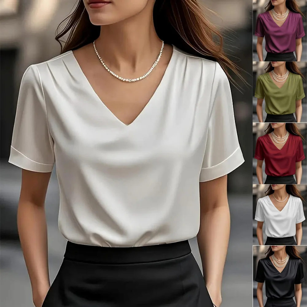 

V Neck Satin Blouse Short Sleeve Elegant Casual Tops for Women Spring Summer Work Office Outfit Chic Solid Color Shirt