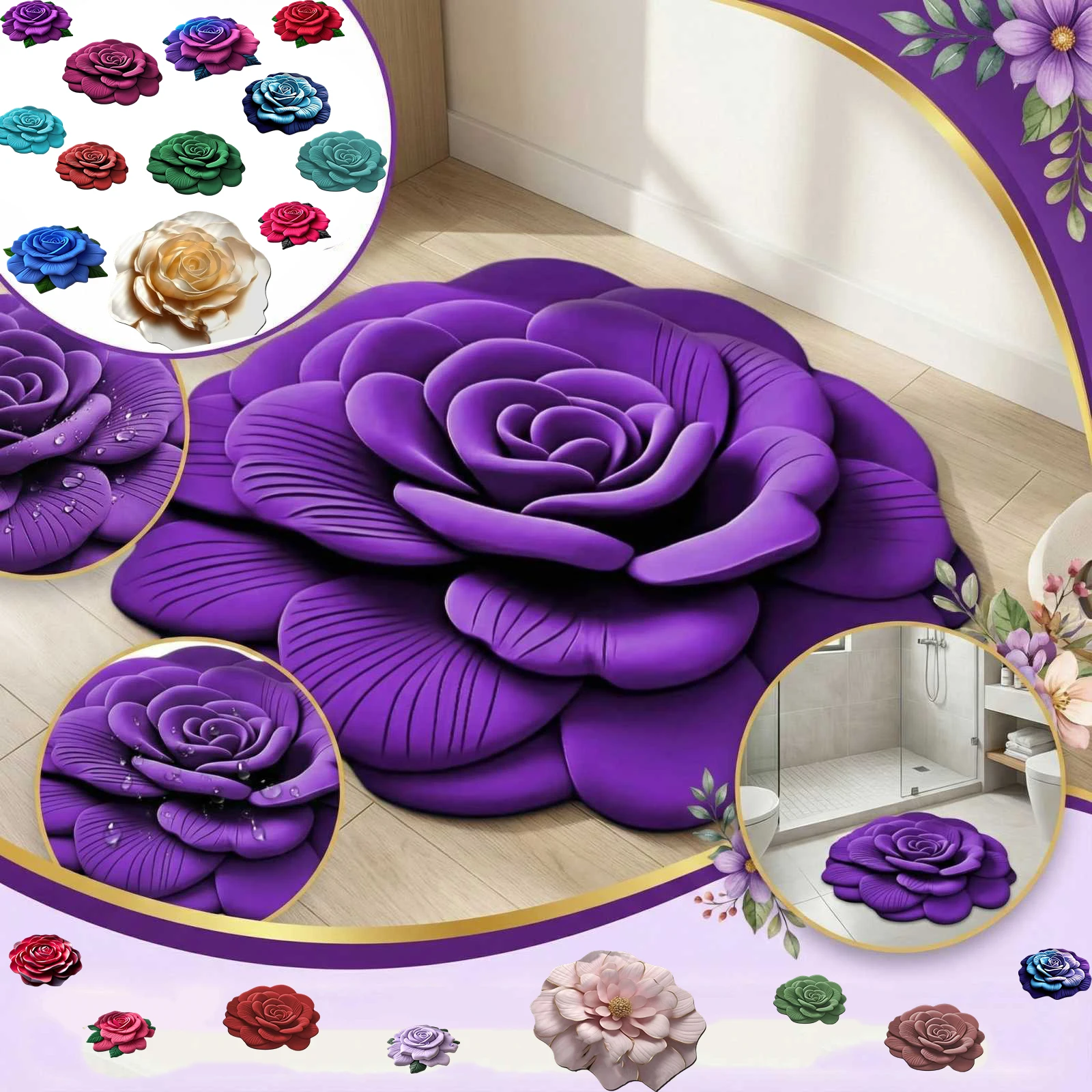 3D Visual Entrance Doormat Flower Shape Door Mat Household Bathroom Non-Slip Floor Mat Durable Water-Absorbent Floor Carpet