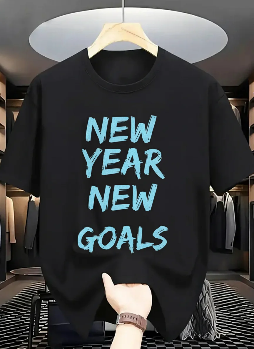 

Мужская повседневная футболка с коротким рукавом и круглым вырезом с рисунком — «Новогодние новые цели», летняя футболка с жирным принтом для мужчин, дышащая
