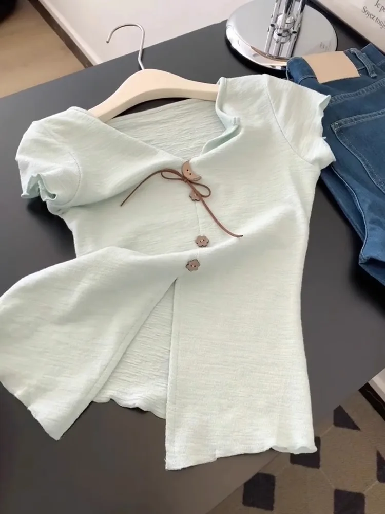 ミント イーン Vネック オルト スヴェ ティルト レディース スリムフィット スリ デザイン 韓国風 スレ ノット 無地 サマートップ