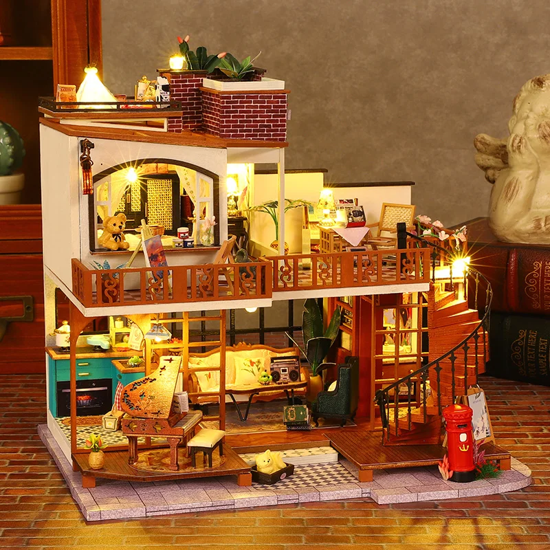 Kits de construção em miniatura de madeira, faça você mesmo, loft moderno, casas de bonecas com luzes de móveis, casas de bonecas para amigos, presentes de aniversário