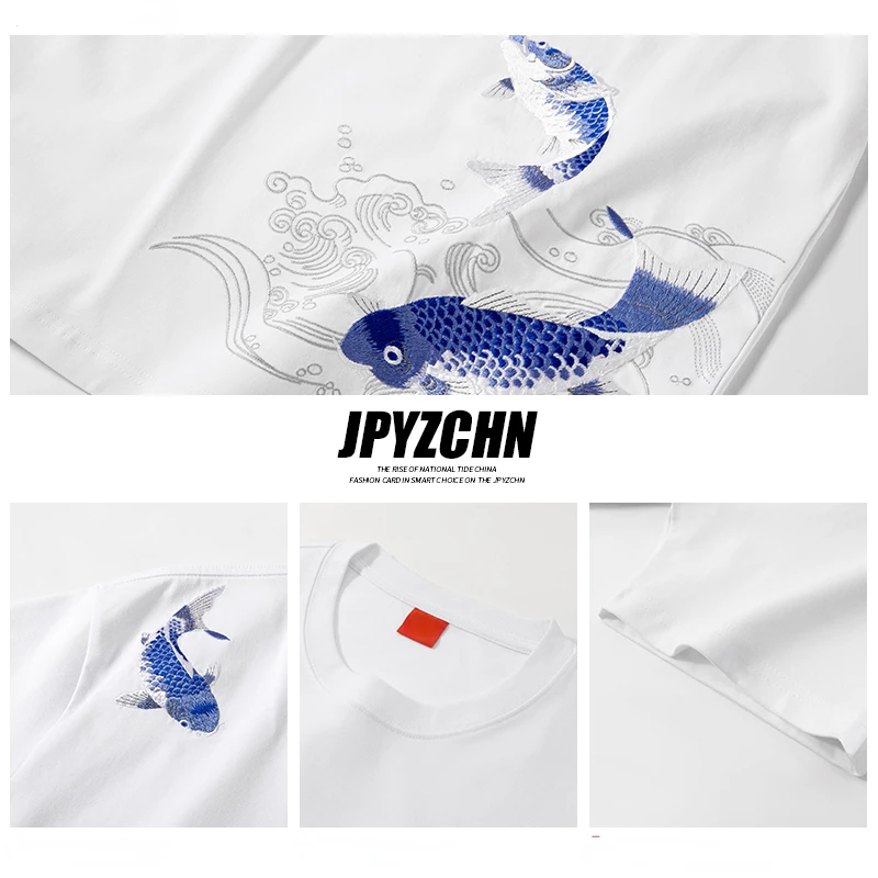 Mens Summer T Shirts Chinese Carp Embroidery T Shirt Men Vintage Graphic Tees Harajuku Cotton Casual Short Sleeve High Quality