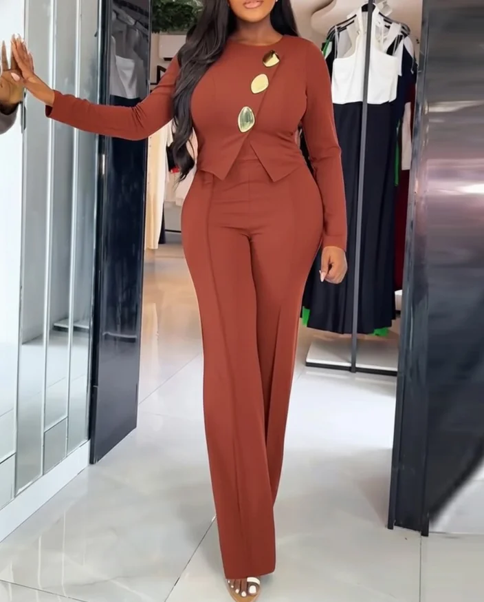 

Jumpsuit Women New Golden Button Decor Long Sleeve Seam Front Overalls Casual Zipper Back Faux Two-Piece Commuting Jumpsuit