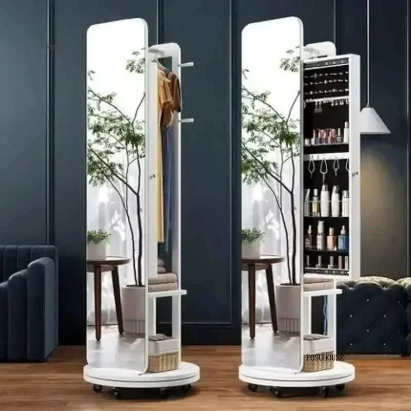 Modern Solid Wood Full Length Floor Mirror Integrated with Cabinet Rotating Clothes Rack Storage Dressing Mirror