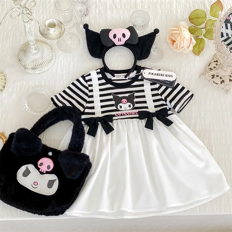 Sanrios Anime Kawaii Kuromi Summer Girls Skirt Cotton Butterfly Fake Two Pieces Striped Cute Baby Princess Dress Kids Costumes