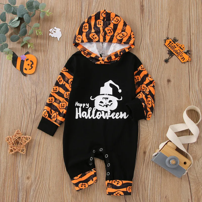 Halloween Baby Boy Girl Romper Newborn Long Sleeve Hooded Neck Pumpkin / Bat Print Casual Party Street Spring Fall Romper