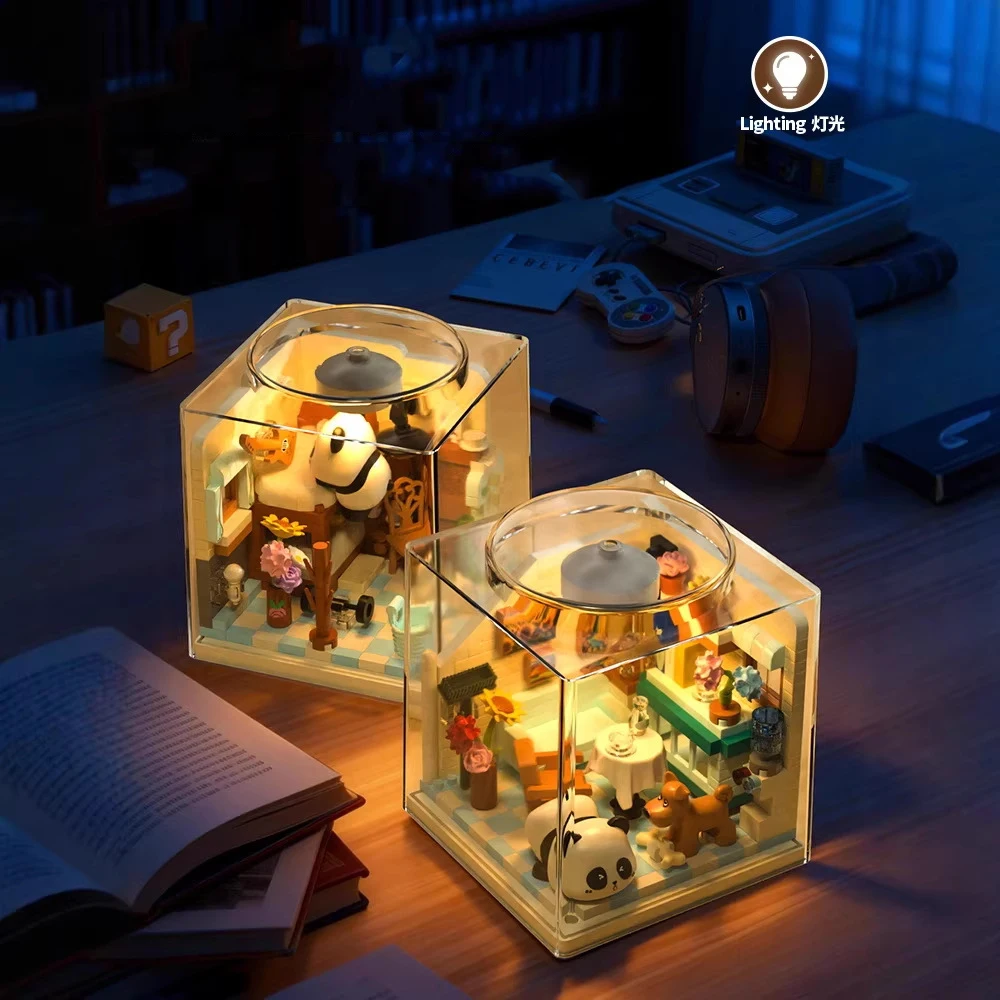 

Lovely Cartoon Animal Micro Diamond Building Block Panda House Room Scene Nanobricks 3D Wall Bricks Toys With Light For Gifti
