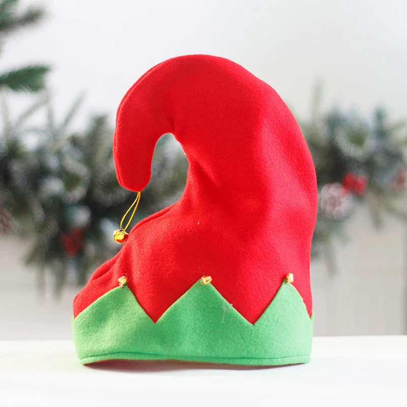 Christmas Party Elf Caps Plush Red Green Color Matching Curled Peak Bells Hats For Kids Adults Christmas Party Santa Claus Hat