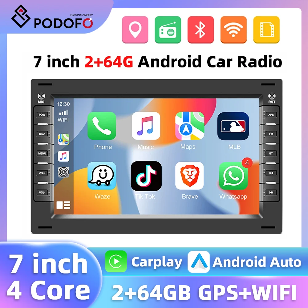 Podofo 7'' 4Core Car Radio For Volkswagen Multimedia Player Carplay Android Auto 2+64G GPS Navigation Bluetooth WIFI Car Stereo