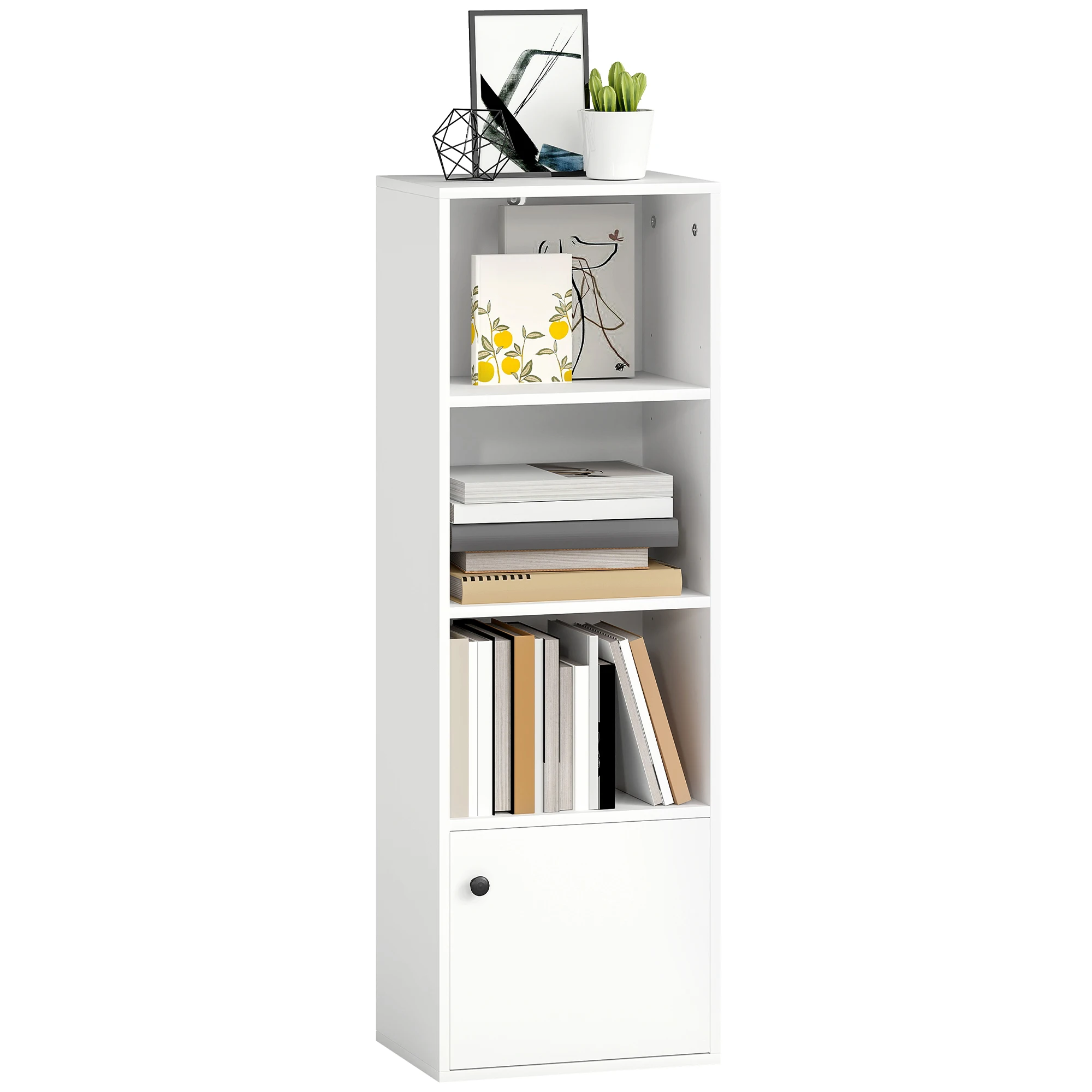 Librería de 4 Niveles Estantería para Libros Moderna con Estantes Abiertos y Puerta 40x30x120 cm Blanco