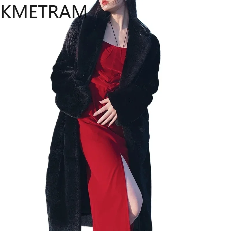 Real Rex Rabbit Fur Coat Women Long Black Fur Jacket 2024 Trending Fashion Winter Clothes Woman New in Outerwears шуба женская