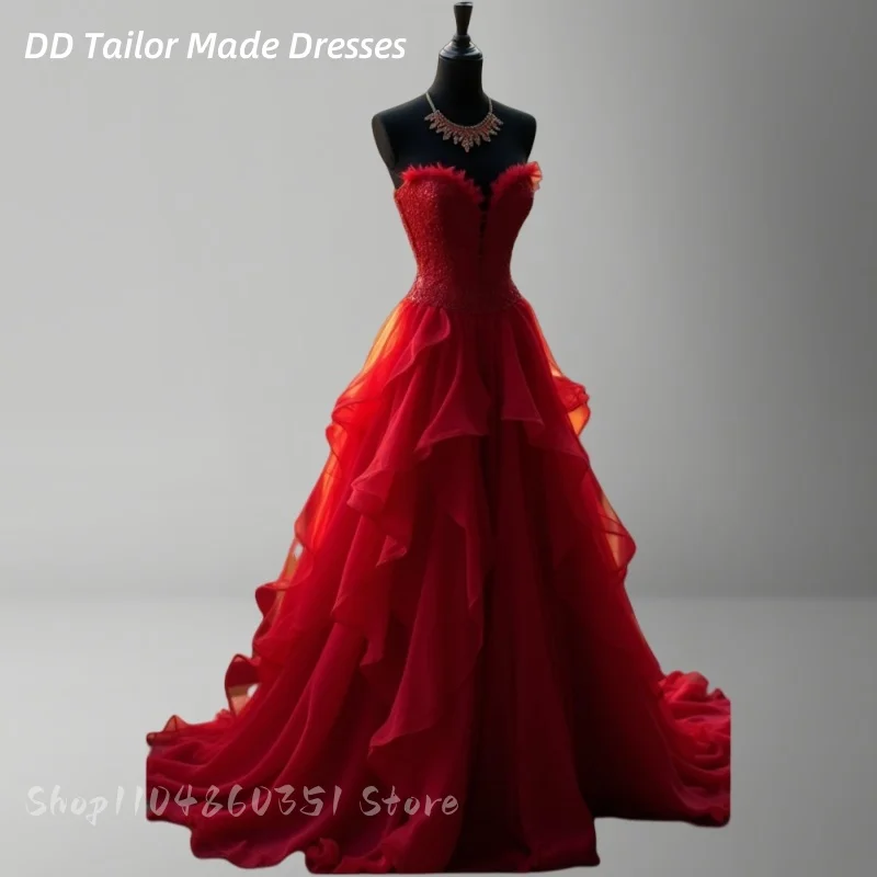 

Ruffled Red Prom Dress Strapless Sweetheart A-Line Long Sequined Organza Evening Gown Birthday Party Occasion Wear Customized