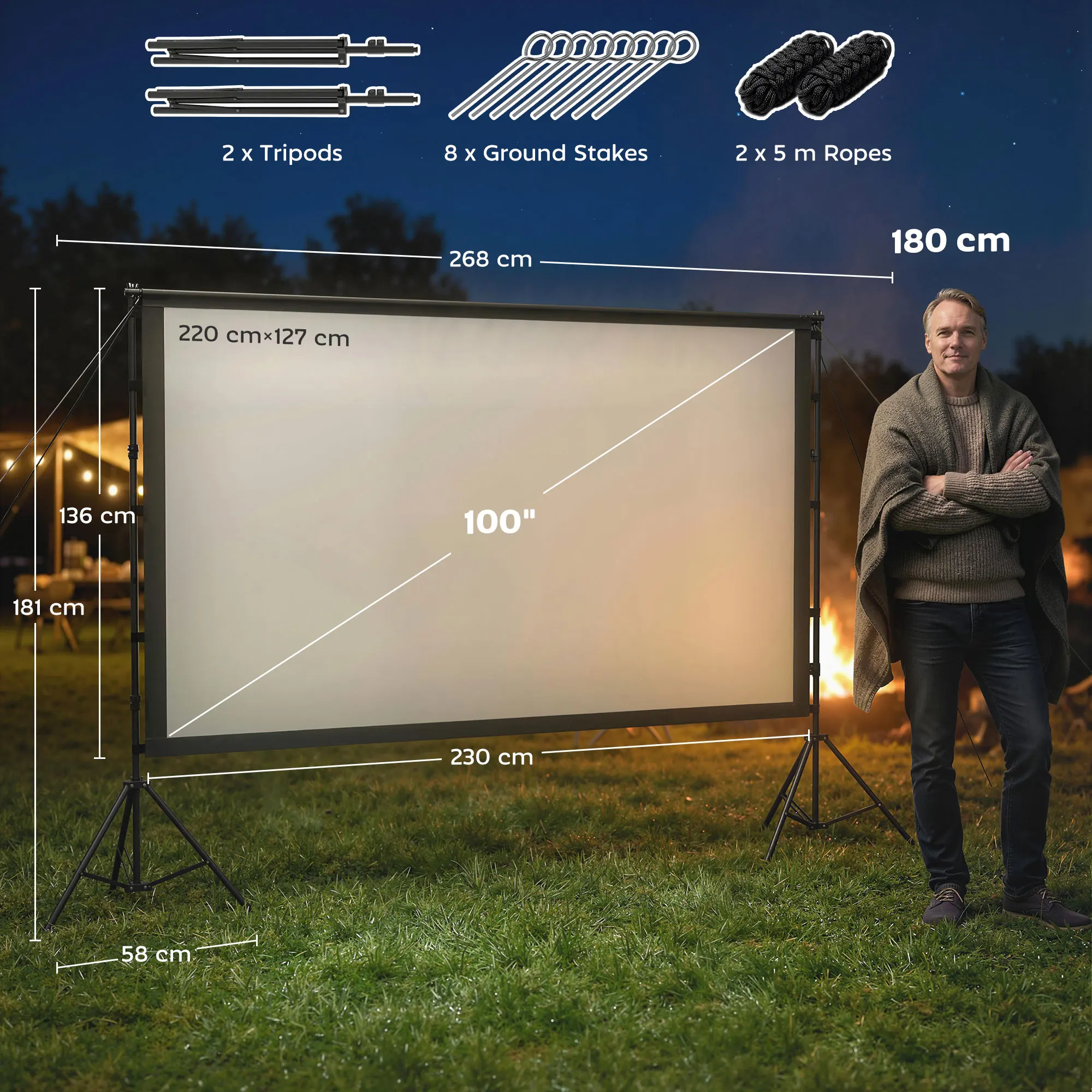 HOMCOM Écran de projection avec trépieds 100" 16:9 HD 4K/8K, 268Lcm, écran videoprojecteur sur pied portable, double face, 2 tré