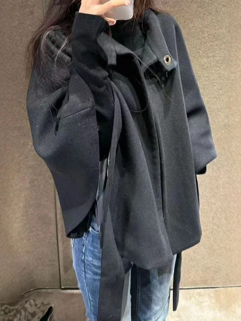 ETJ 2026 women's spring new elegant and stylish loose version of the coat high neck with belt and wide sleeve blend coat