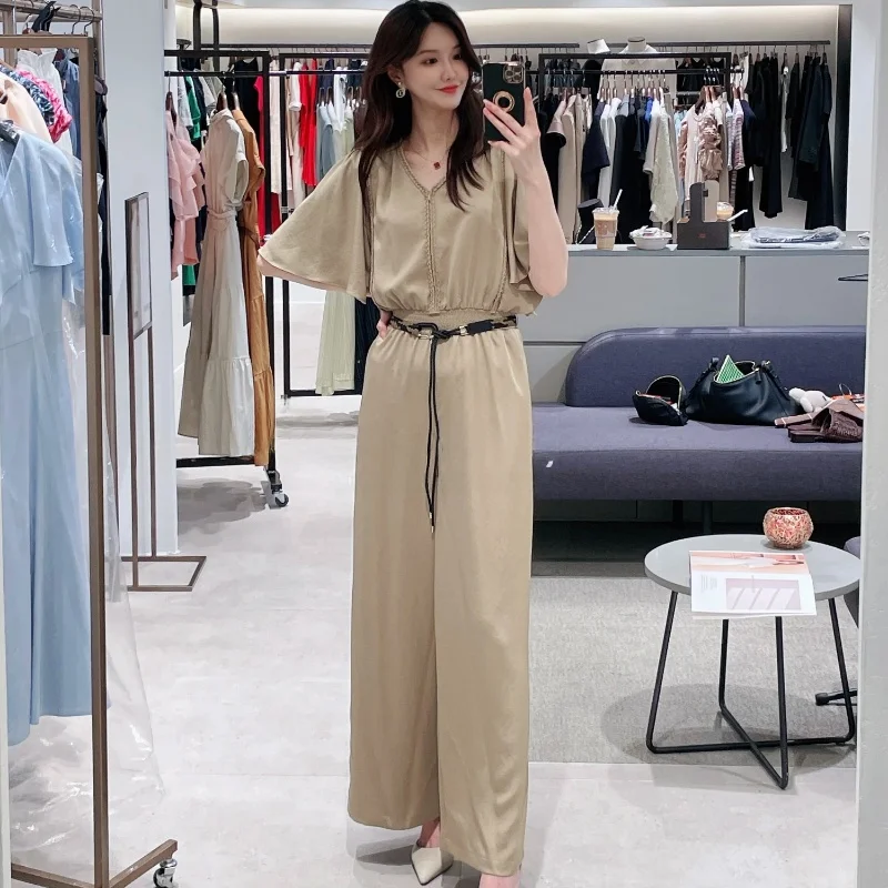 

Selfwill Commute Sle High Waist Wide Leg Jumpsuit Women's V-Ne Sve Tie Waist Effect Wide Leg Jumpsuit
