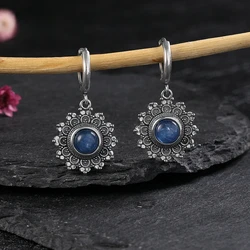 Silver Plated Snowflake Natural Kyanite Earrings for Women Round 6MM Blue Stone Vintage Jewelry Party Anniversary Gifts