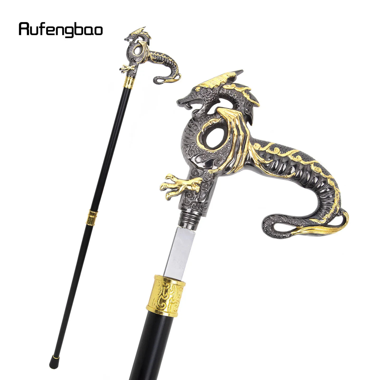 Ouro preto luxo dragão bengala com placa escondida, Self Defense Fashion Cane Plate, Cosplay Crosier Stick, 93cm