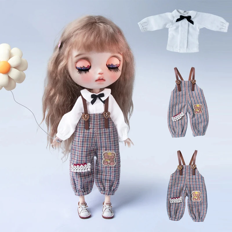 Blyth Clothes casual teddy bear striped jumpsuit Licca Azones Ob22 24 Ob27 doll accessories long sleeved lace collar shirt