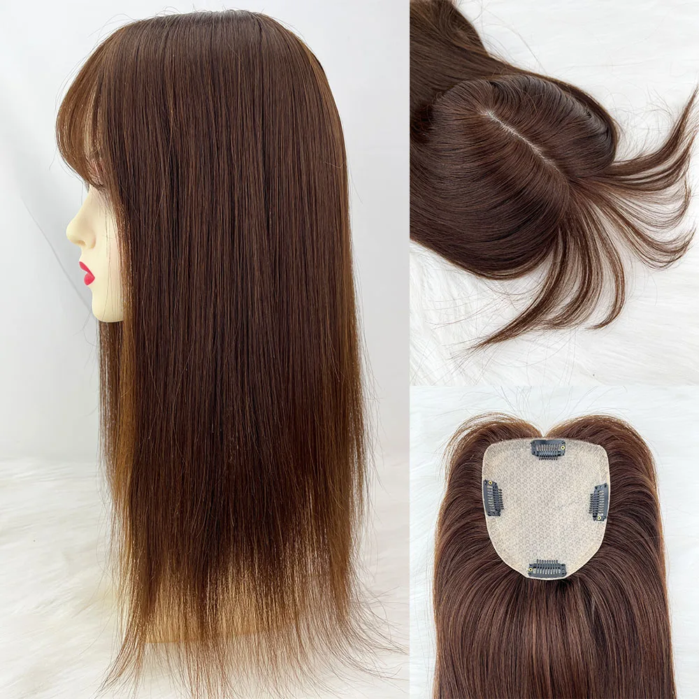 Silk Base Human Hair Topper with Air Bangs 100% European Virgin Hair Silk Top Soft Breathable Hair Piece With Clips in for Women