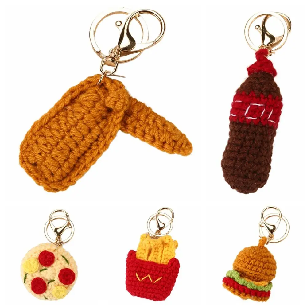 Creative French Fries Crochet Hamburger Pizza Wings Pendant Weaved Keychains Woolly Handmaking Knitting Key Ring Women Girl