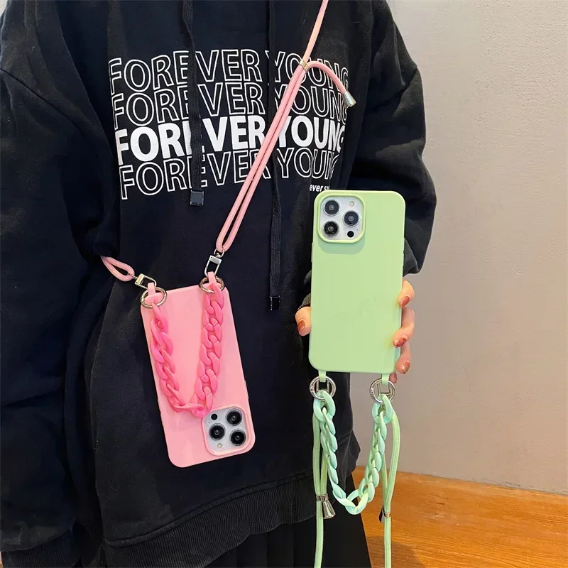 Crossbody Necklace Strap Lanyard Cord Phone Case For iPhone 15 14 Plus 13 12 Mini 11 Pro Max Marble Chain Silicone Soft Cover