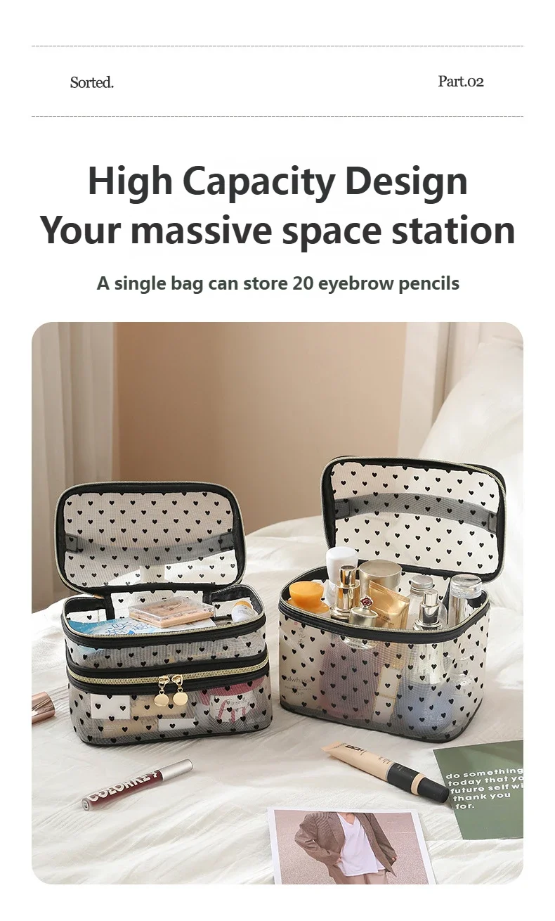 Doppels ch ichten schwarze Mesh Kosmetik tasche Reise tragbare große Kapazität Make-up Fall Organizer Aufbewahrung beutel Reiß verschluss Kultur beutel – Detail 5